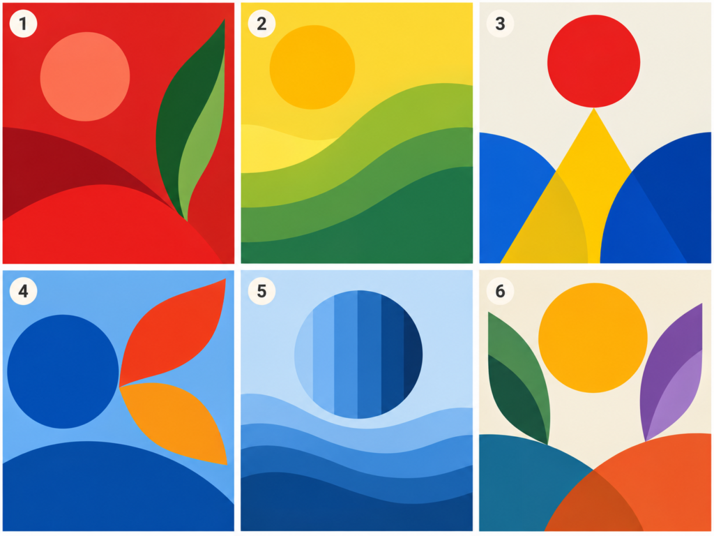 [Illustration suggestion 3: A six-panel grid showing color harmony schemes applied to simple abstract shapes. Each panel should label the scheme and show a dominant color with supporting colors, demonstrating proportion and balance.]