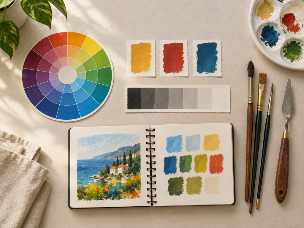 [Illustration suggestion 7: A clean closing visual—a minimalist flat-lay of artist tools: a color wheel card, three paint swatches, a grayscale value strip, and a small sketchbook page showing a quick color study. Keep the composition uncluttered to reinforce the post’s calm, focused tone.]
