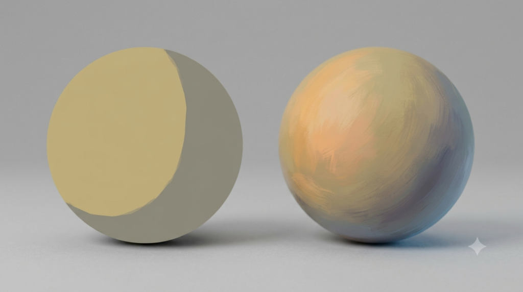 [Illustration suggestion 5: Two simple sphere or landscape studies side-by-side. One uses only hue variation; the other uses temperature shifts (warm lights, cool shadows) to demonstrate depth and volume. Add brief callouts pointing to light/shadow transitions.]