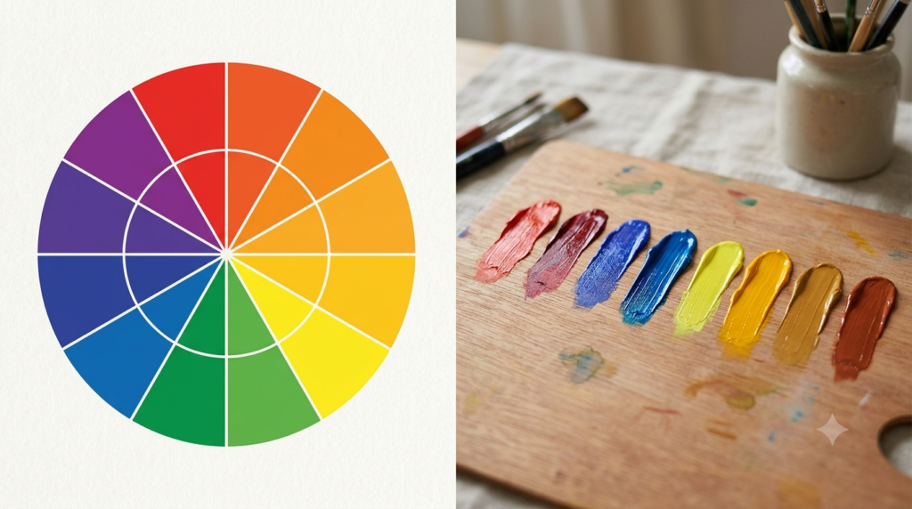 [Illustration suggestion 2: A split visual showing a theoretical RYB wheel on the left, and a practical “artist’s palette” swatch strip on the right, demonstrating how real pigments shift from their idealized hues.]