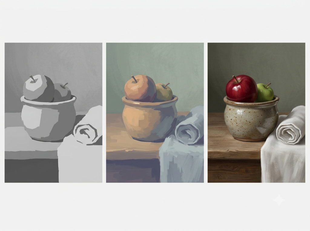 [Illustration suggestion 6: A step-by-step mini breakdown of a simple painting: (1) grayscale value block-in, (2) temperature mapping, (3) final color application with a clear focal point. Use clean arrows or numbered panels.]